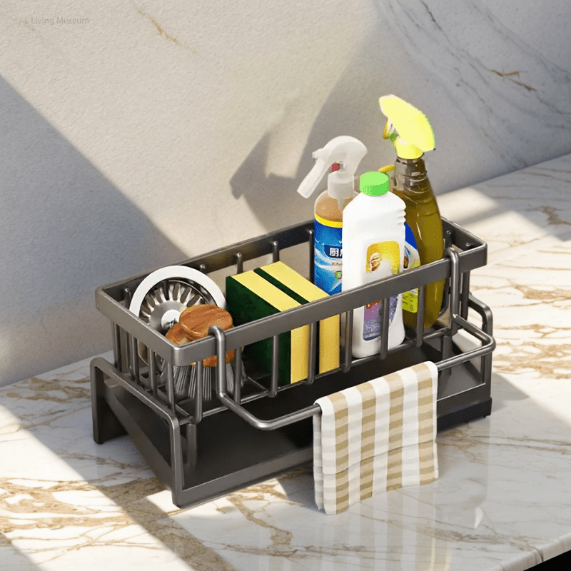 Multifunctional Plastic Sink Organizer with Towel Bar Kitchen Sponge Holder Soap Dish