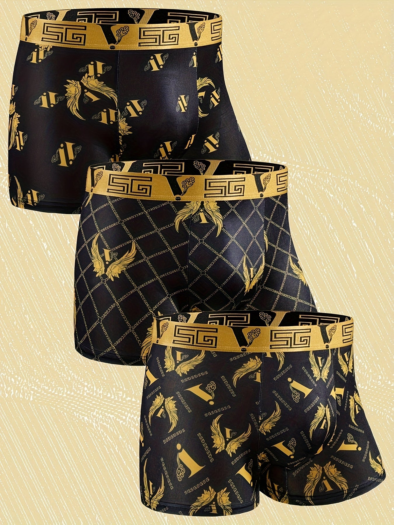 Qora Oltin Sovg'a Qutisi - 3-dona Erkaklar Oltin Qanot va Zanjir Printli Bokser Shortlar To'plami, Qulay va Hashamatli Ichki Kiym, Sovg'a sifatida mukammal