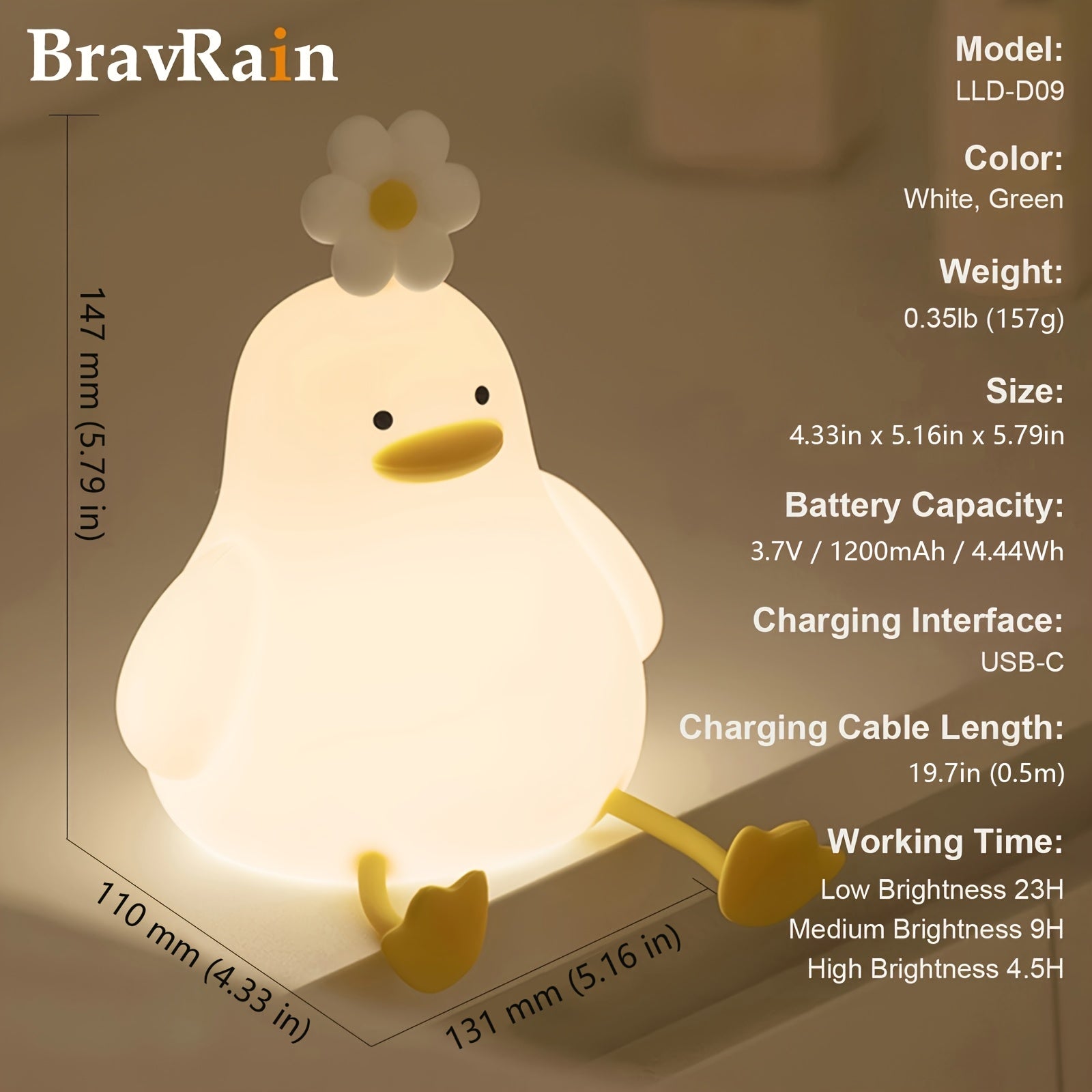 Silicone Duck Night Light for Bed with Adjustable Brightness USB Powered Kids Gift