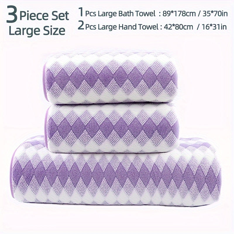 Plaid Pattern Towel Set Coral Velvet 2 Bath Towels 1 Hand Towel Absorbent