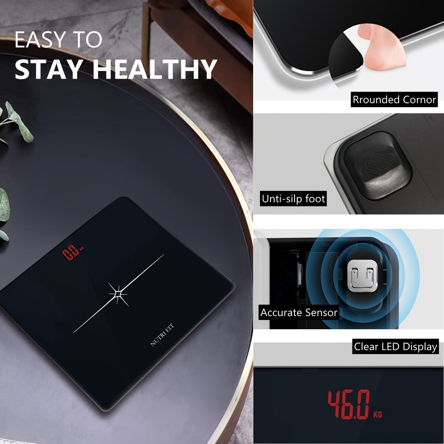 Цифровые весы для измерения веса тела с высокой нагрузкой, светодиодный дисплей, технология ступеньки, черный
