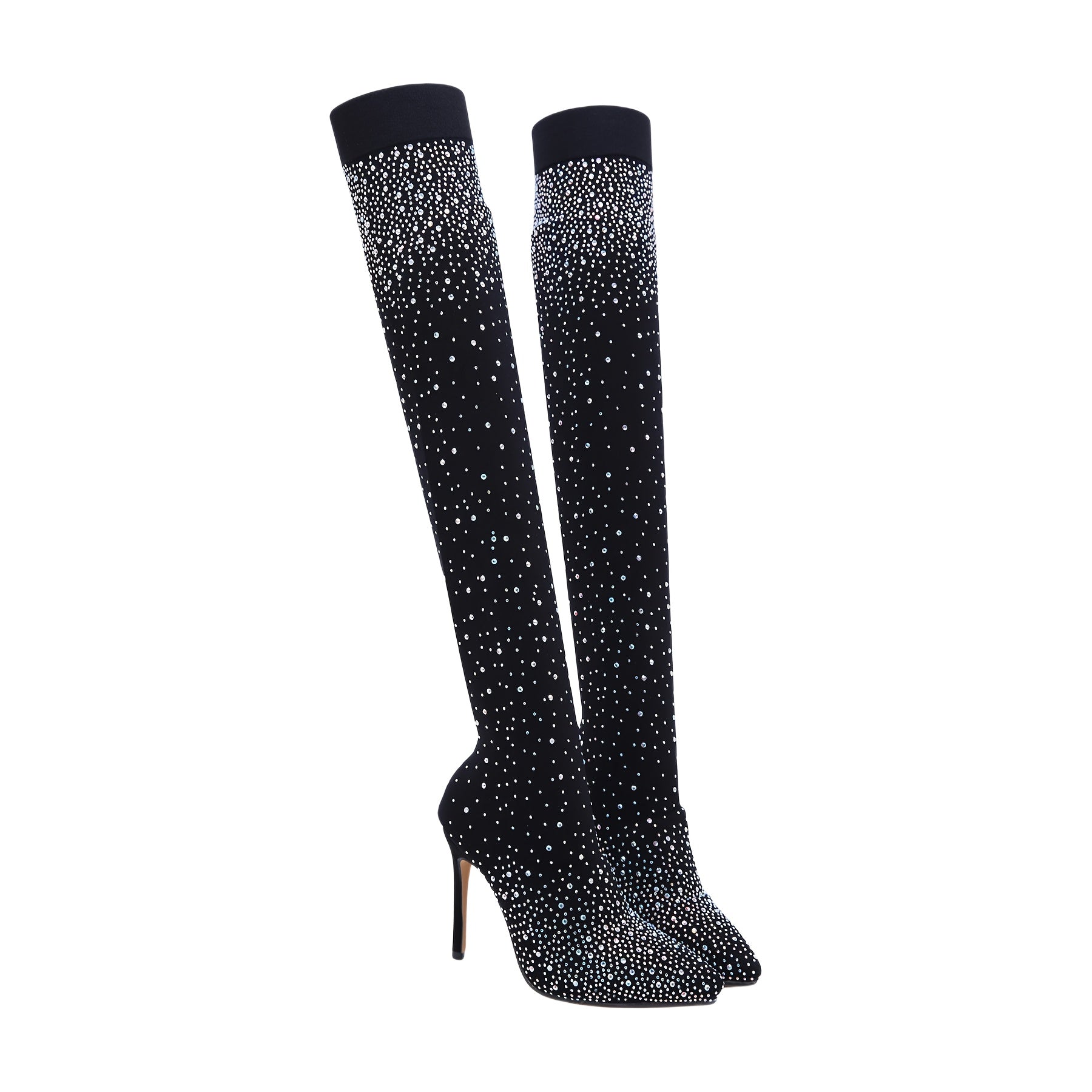 Women's Mesh Over-the-Knee Boots with Rhinestones Black Stiletto Heels