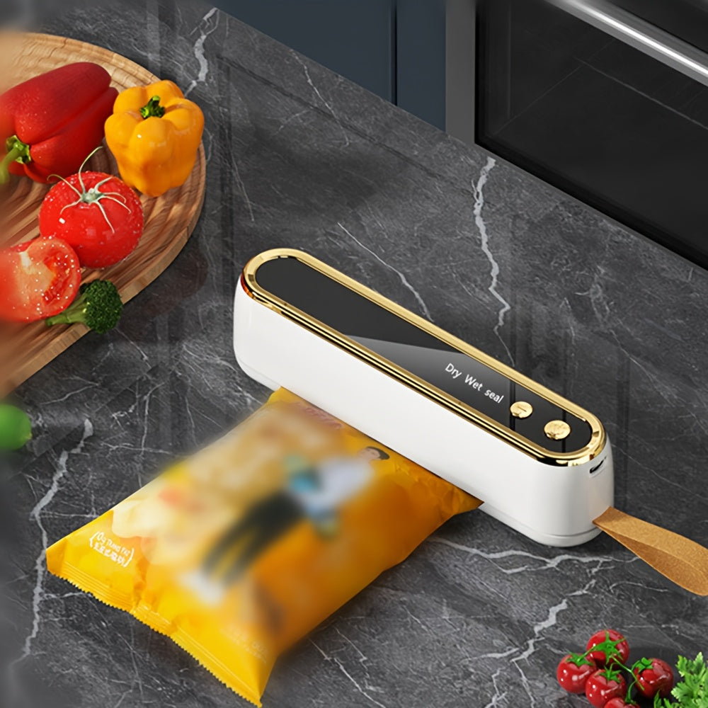 Oziq-ovqatni saqlash uchun kompakt simsiz vakuum yopishtiruvchi; qayta tiklanadigan USB/akku bilan ishlaydigan.