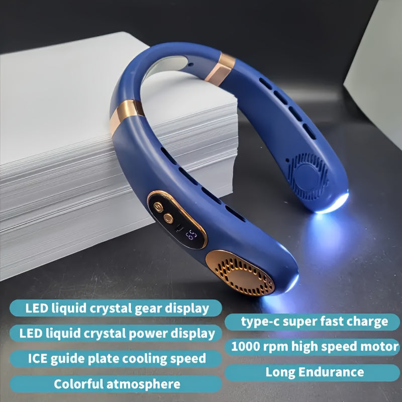 Neck-Mounted USB Fan with LED Lights, Bladeless Design, 5-Speed Cooling