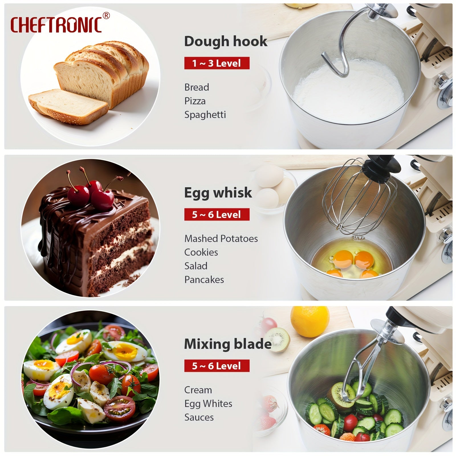 Миксер для кухни с наклонной головкой, объем 5.5QT, мощностью 1300 Вт, с крюком для теста, венчиком для яиц и взбивалкой