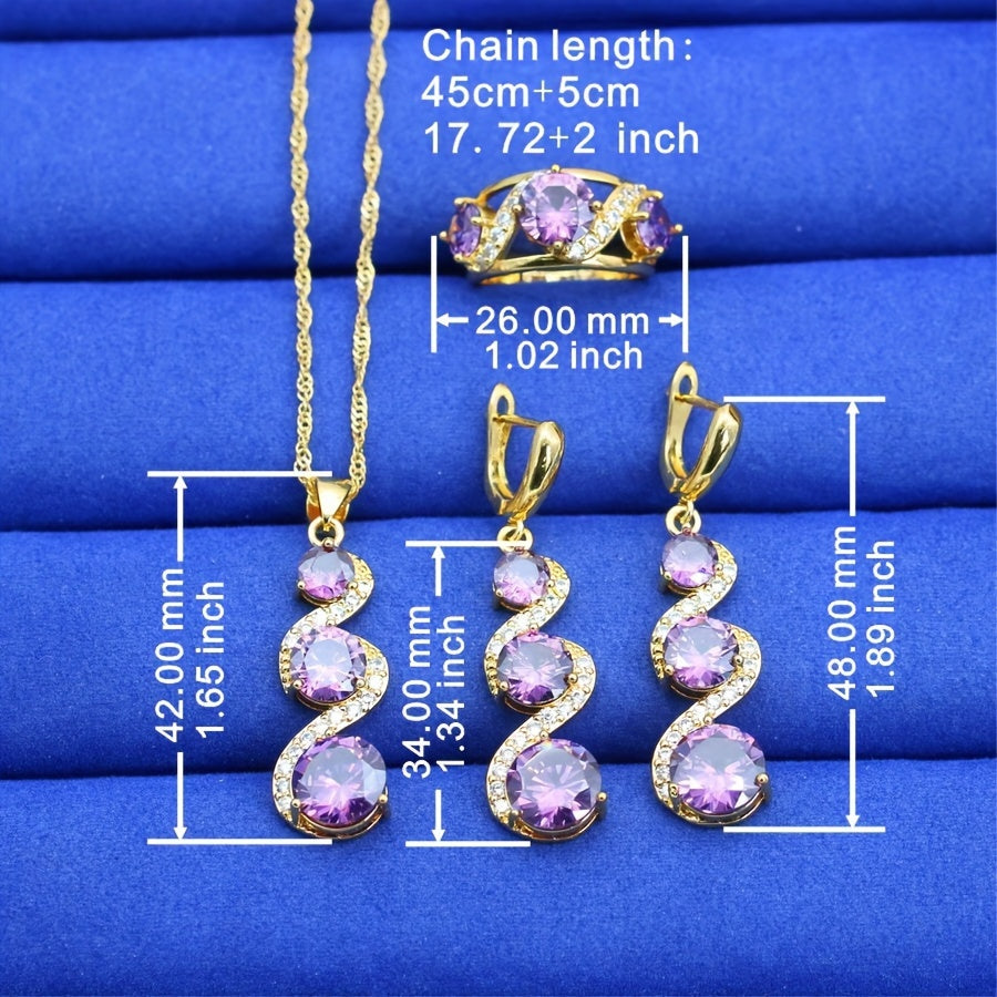 Women's Jewelry Set in Purple Zirconia with Necklace Earrings Bracelet and Ring