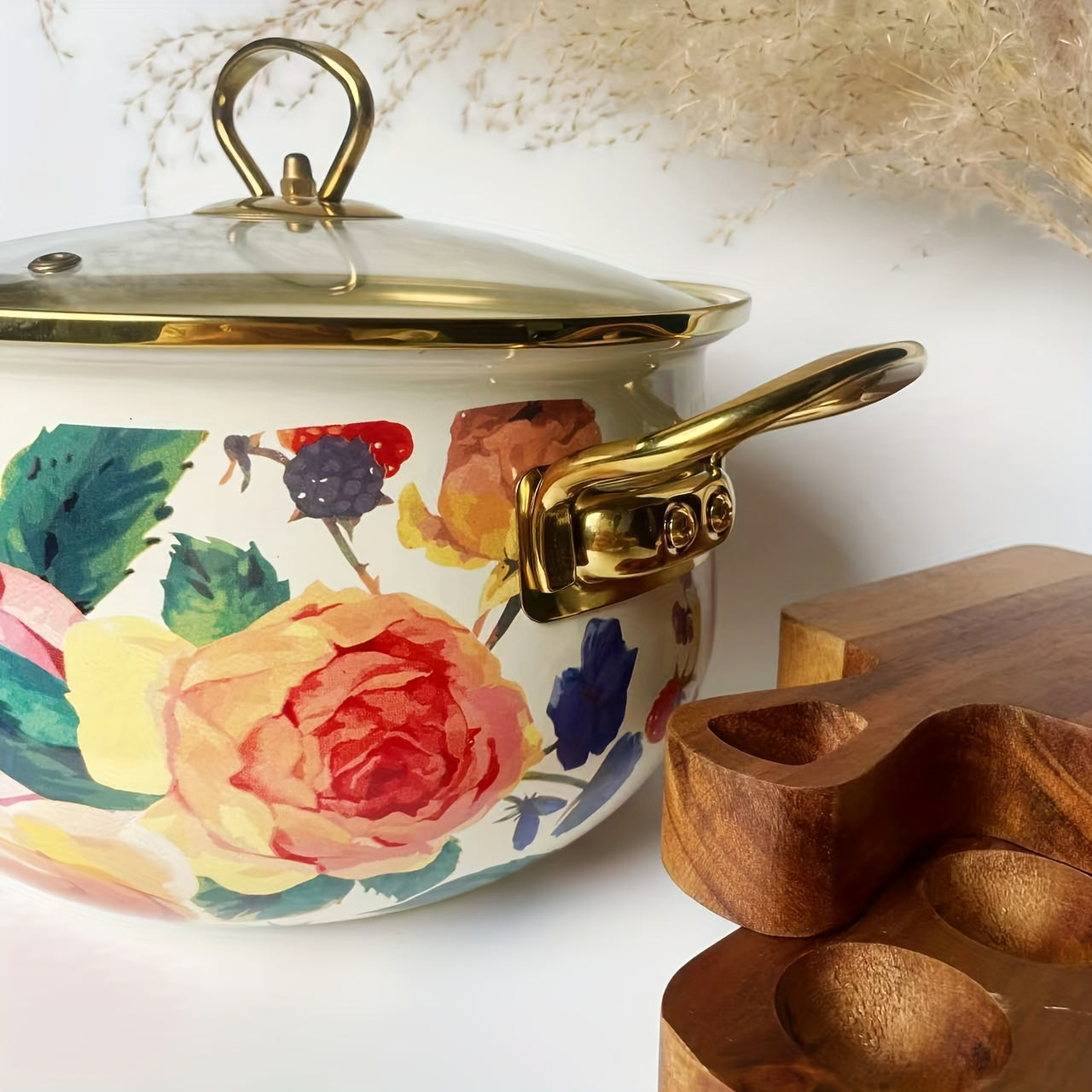 Floral Enamel Soup Pot with Lid and Sturdy Handle Kitchen Cookware