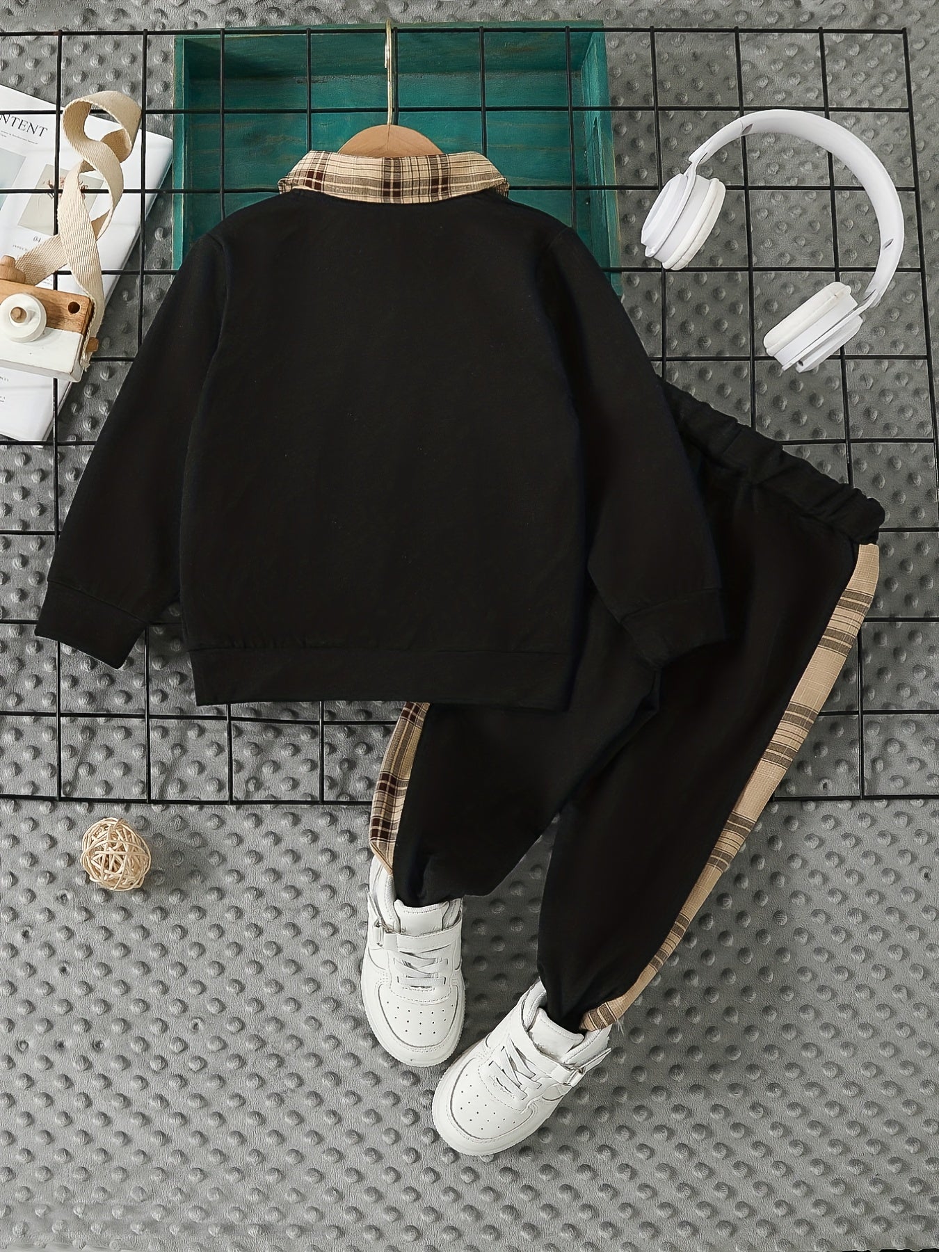 Boys Kids Polo Set Long Sleeve Plaid Collar Sweater and Color-Blocked Plaid Pants Fall Winter