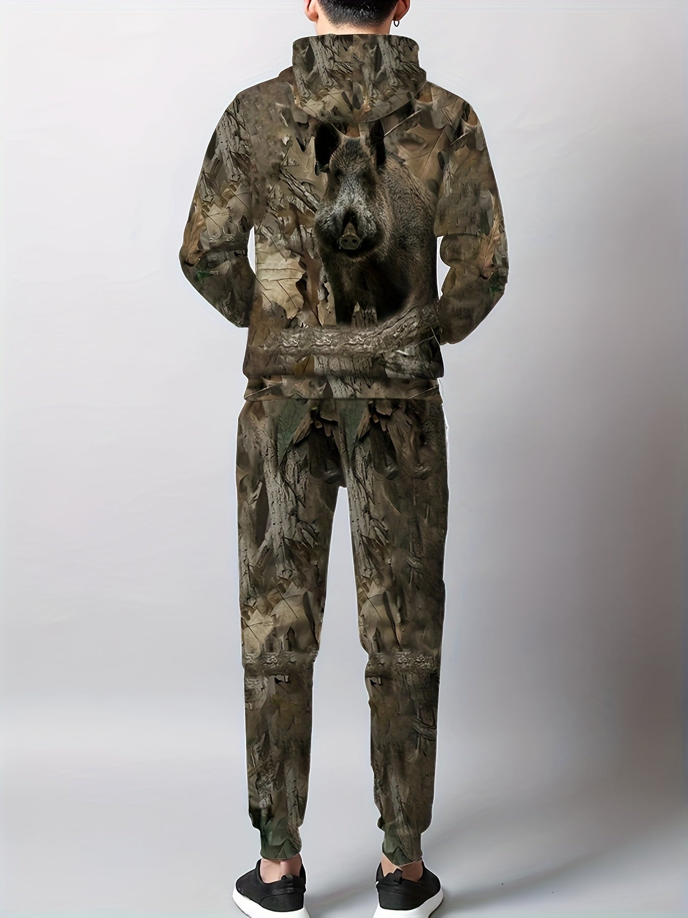 Мужской комплект из толстовки с капюшоном и спортивных штанов с 3D-принтом волка большого размера для осени и зимы