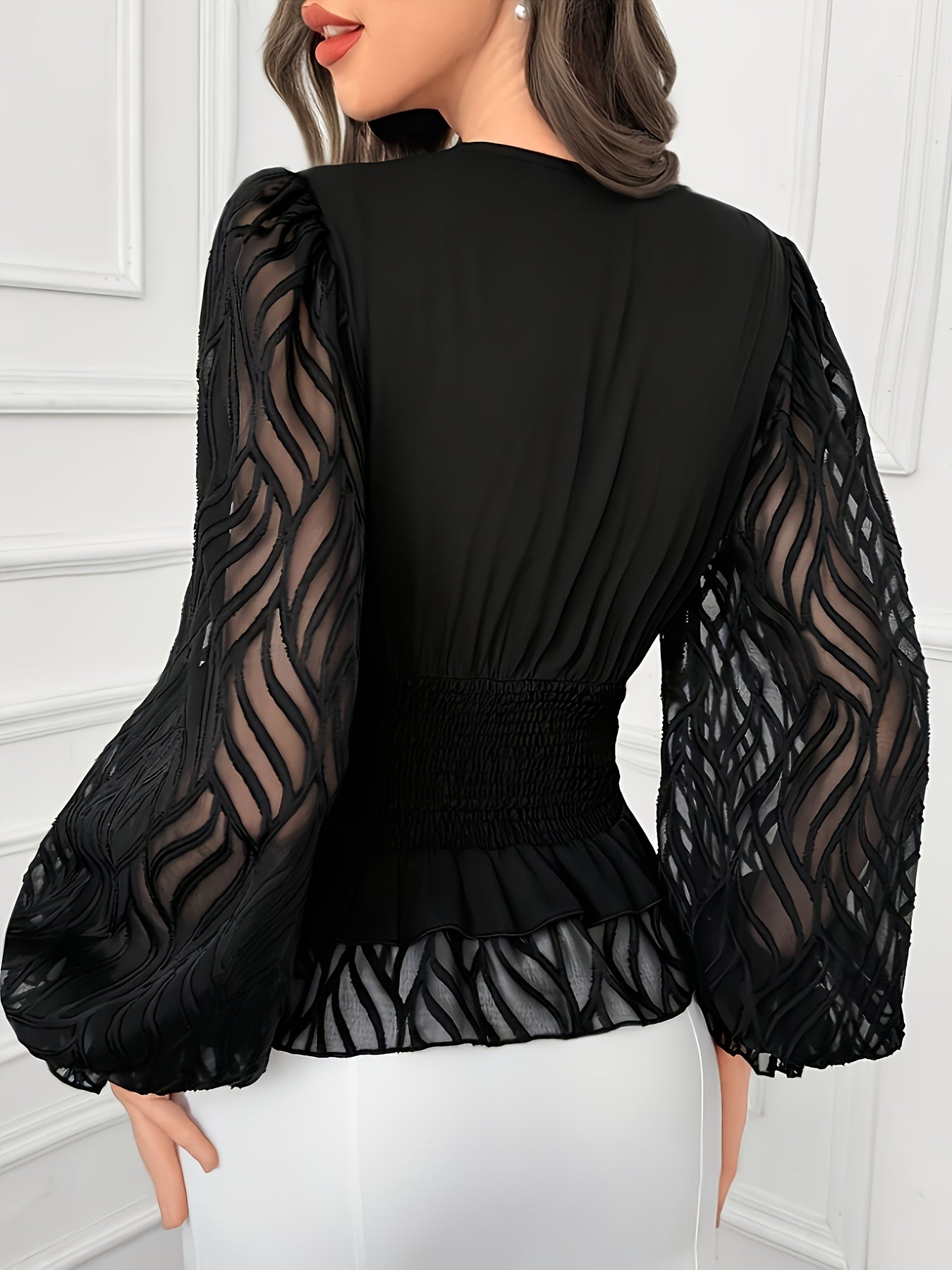 Women's V-Neck Long Sleeve Blouse with Ruched Waist Solid Polyester Spring Summer