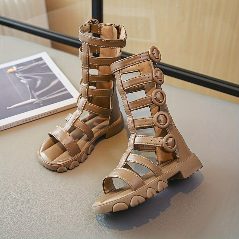 Девочки высокие сандалии на лето дышащие нескользящие с застежкой-молнией и вырезами