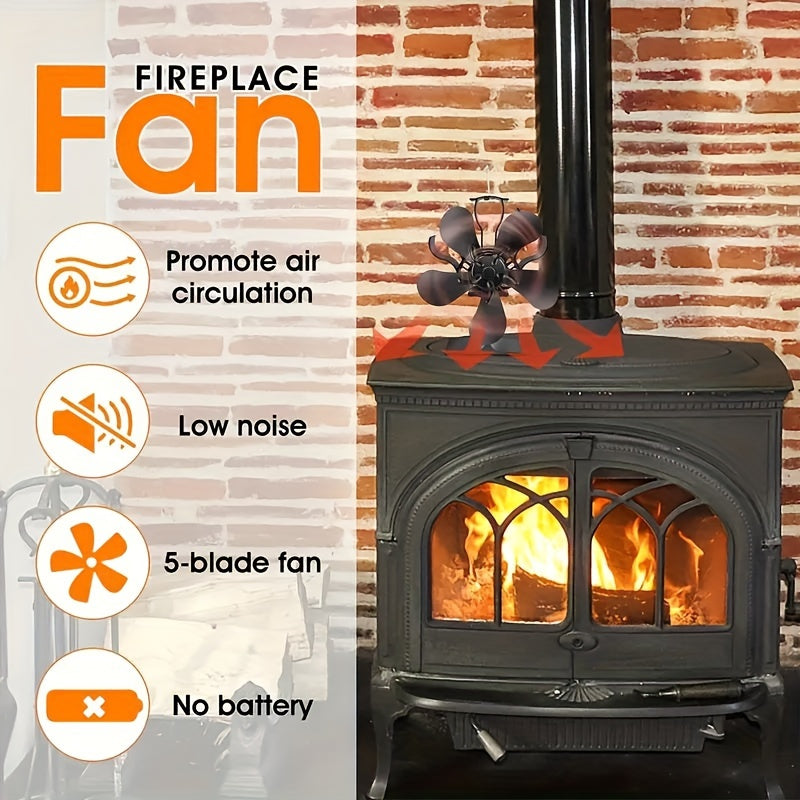 Quiet 5-Blade Heat Powered Fireplace Fan for Gas Wood Pellet Stoves