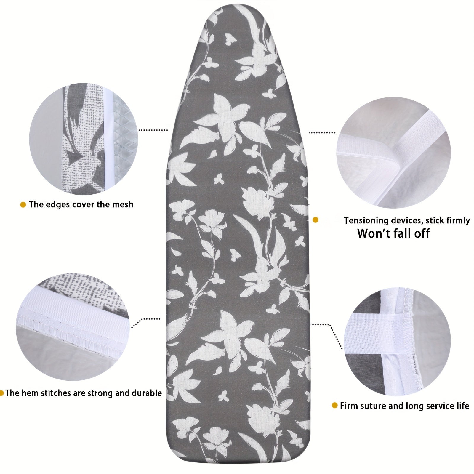 Funda para tabla de planchar floral 1 pieza, gris y blanco, fieltro duradero de 400 g/m², ajustable