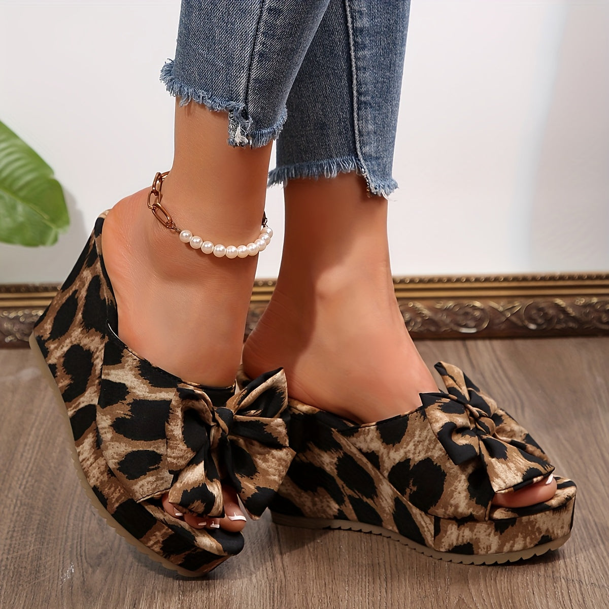Women's Leopard Print Wedge Sandals Open-Toe Slip-On Summer Shoes