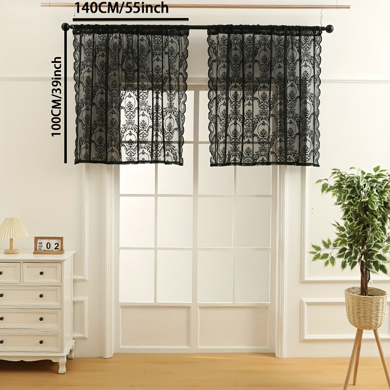 Black Lace Curtain for Bedroom Living Room Kitchen Office with Rod Pocket