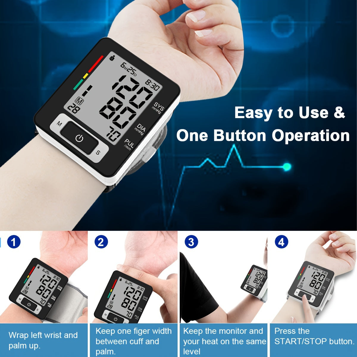 Portable Digital Wrist Blood Pressure Monitor with Large LCD Display Adjustable Strap White