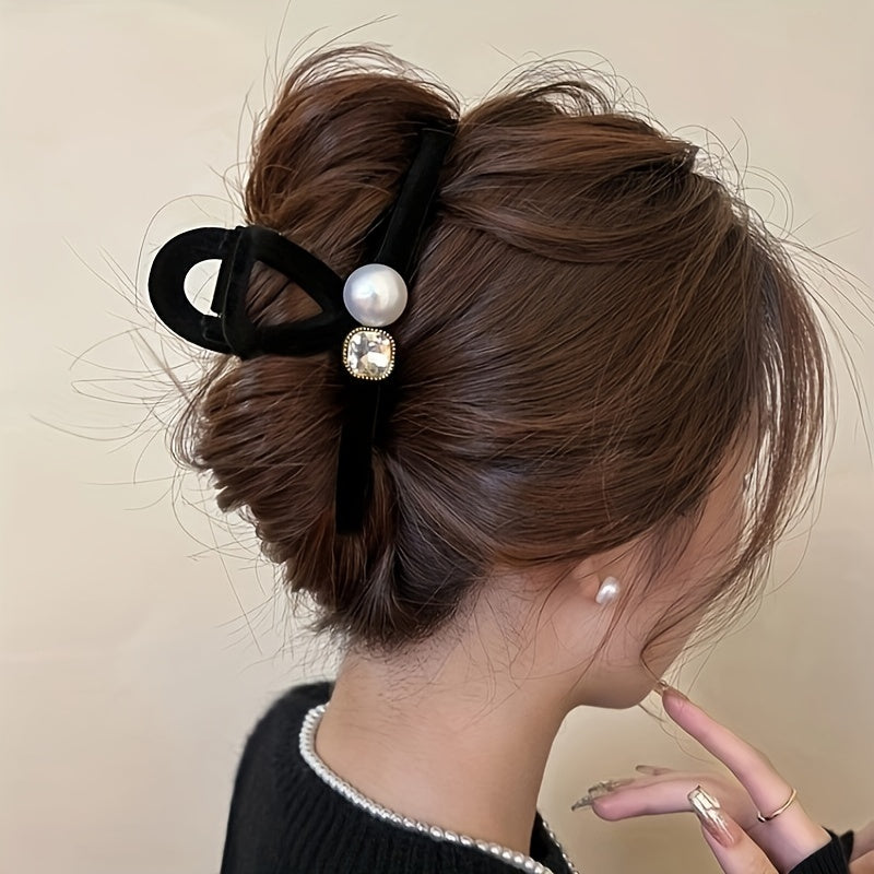 Large Velvet Pearl Hair Claw Clip with Crystals and Ribbon Bow for Women