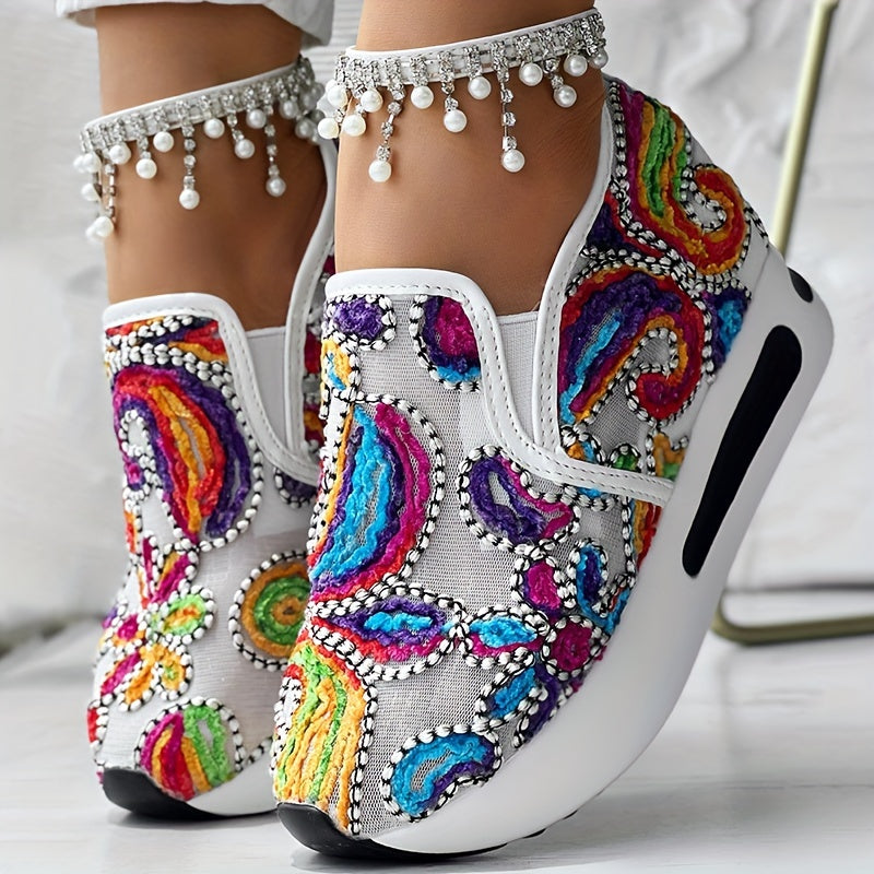 Women’s Colorful Embroidered Floral Slip-On Sneakers Breathable Fabric