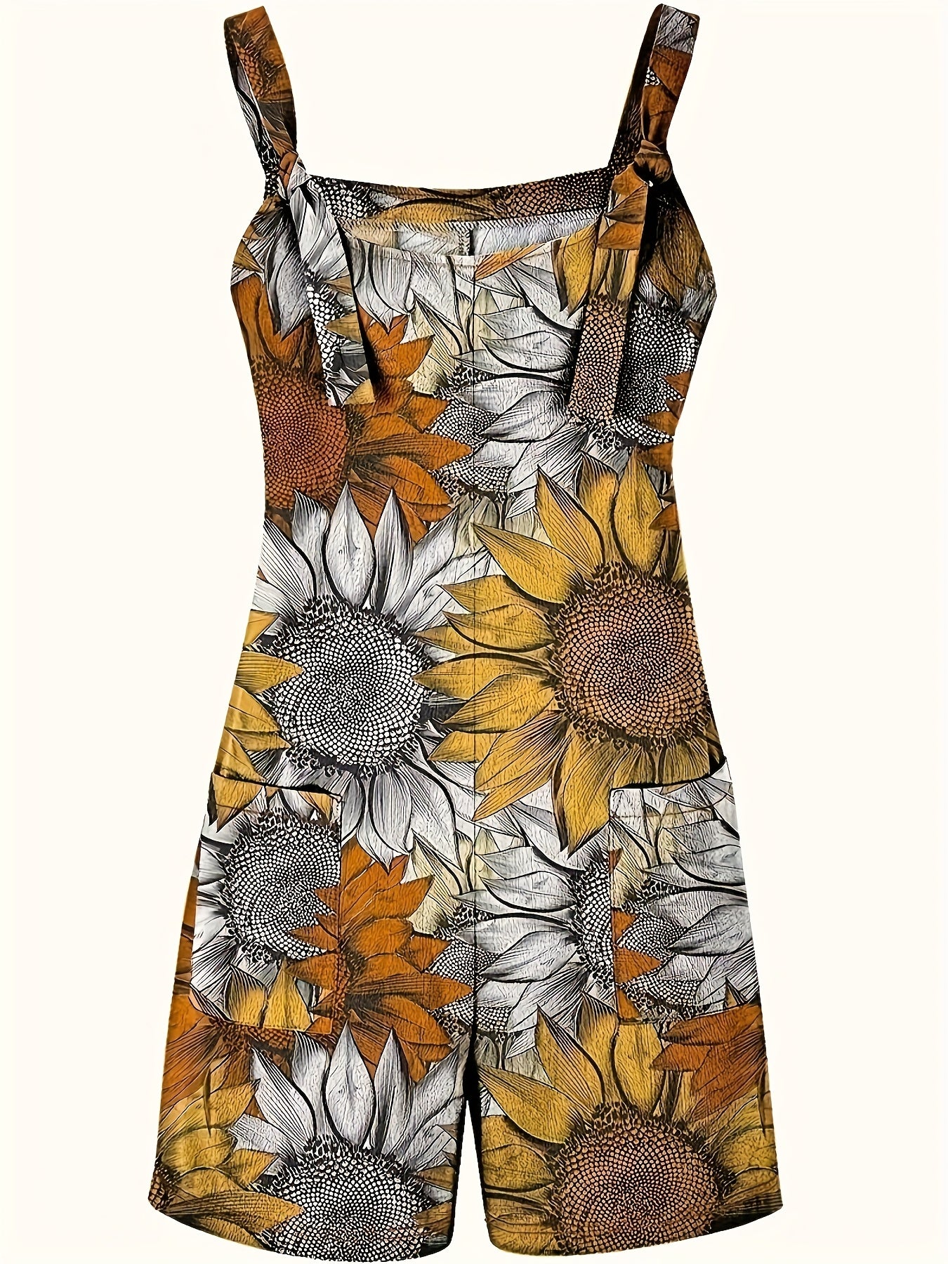 Women's Plus Size Sunflower Print Sleeveless Wide-Leg Jumpsuit with Pockets