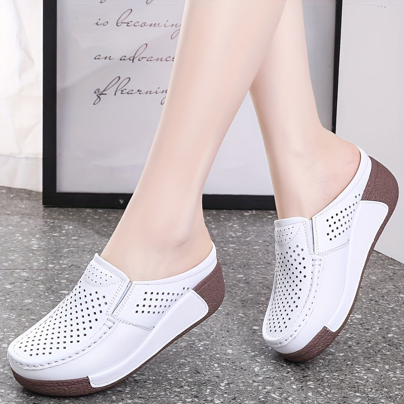 Women's Slip-On Loafers Summer Hollow-Out Round Toe Soft Non-Slip Comfort Leather
