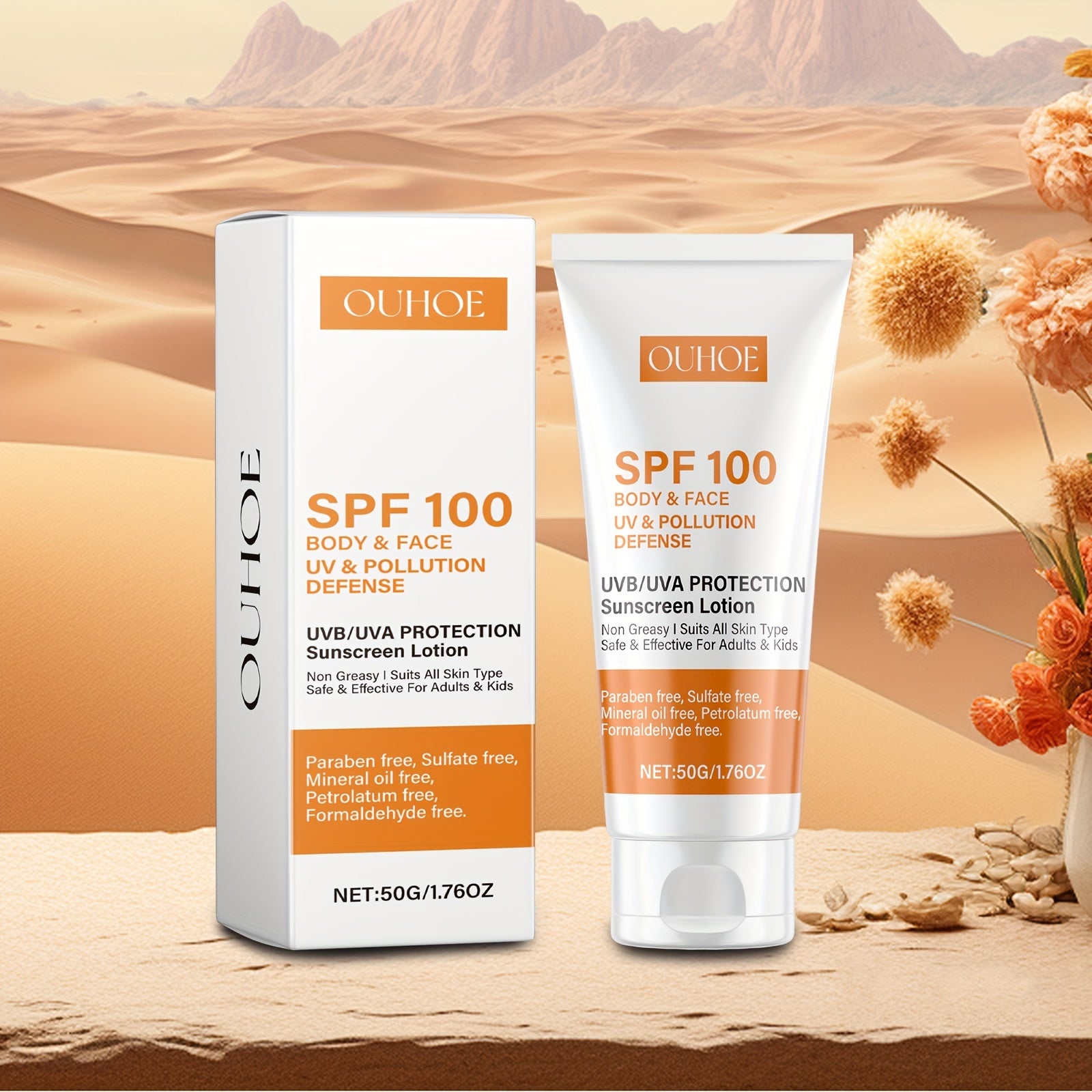 Loción de protector solar SPF 100 para unisex con vitamina E y ácido hialurónico, hidratante, de amplio espectro, no pegajosa, 50g