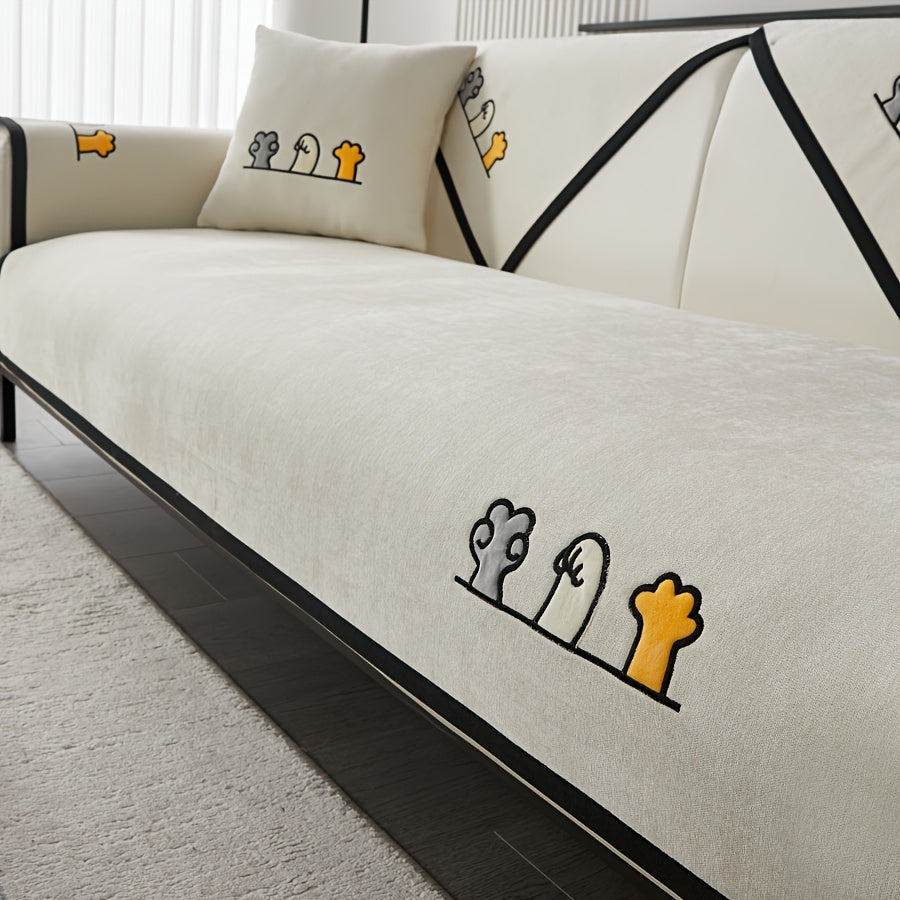 Эластичный чехол для сидений с вышивкой в виде кошачьих лап, комплект чехлов для дивана на все сезоны, пылезащитный защитник мебели для домашних животных, подходит для балкона, гостиной и домашнего декора. Чехол только для подушки.