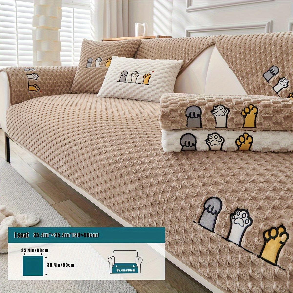 Funda de sofá de terciopelo con bordado de perro de dibujos animados, antideslizante, de felpa gruesa, protector de muebles