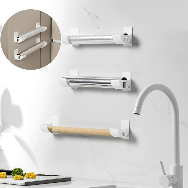 Juego de 4 estantes de almacenamiento para cocina autoadhesivos y montados en la pared para film transparente, bolsas de basura y paraguas
