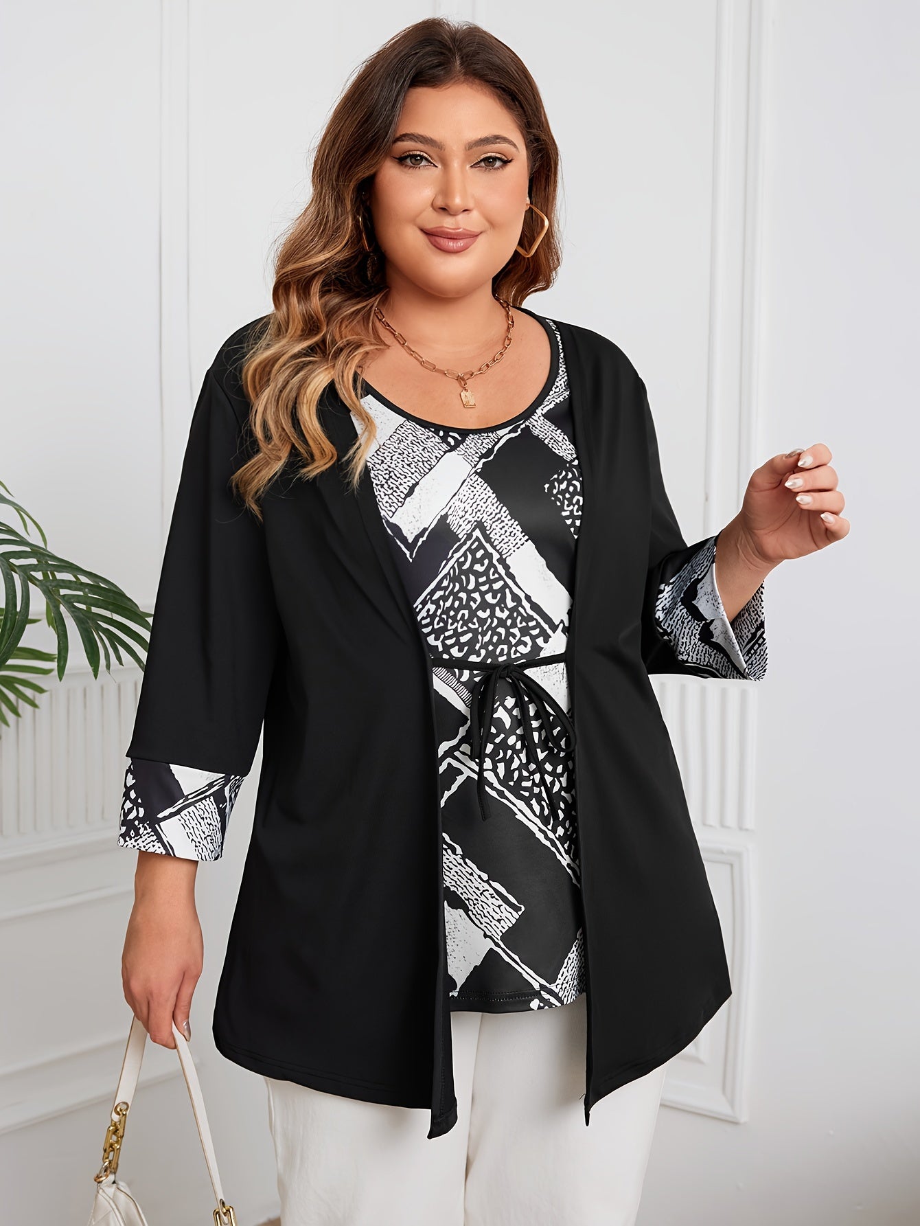 Plus Size Women's Faux Two-Piece Geometric Print Blouse with Tie Waist