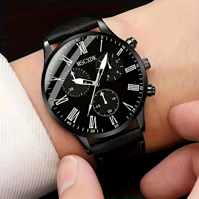 4 ta erkaklar moda soatlari to'plami, mos keladigan zanjir, uzuk va bilaguzuk bilan, faux charm strap, alloy quti, qayta zaryadlanmaydigan batareya