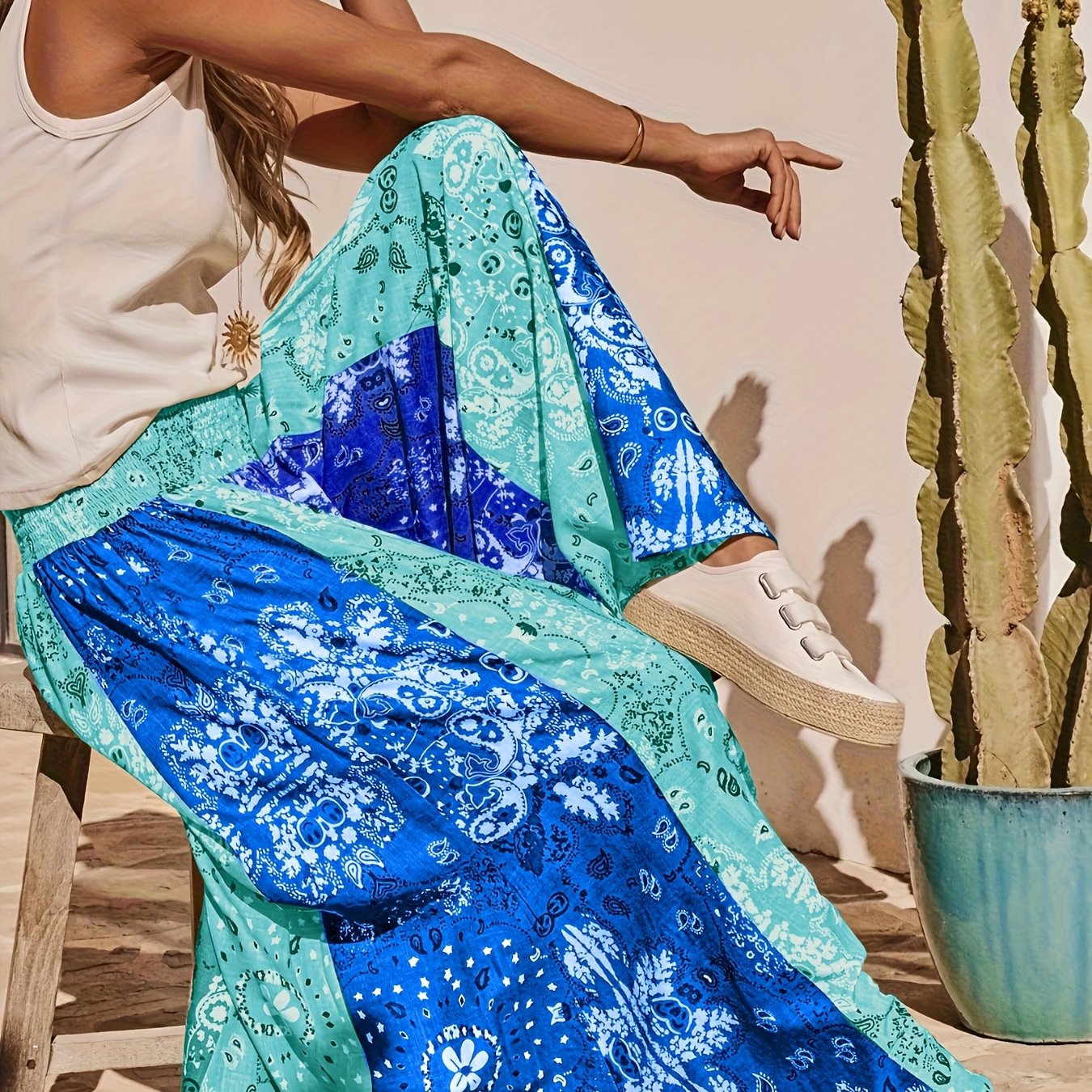 Women's Plus Size Floral Print Wide-Leg Pants with Elastic Waist Blue White Tropical