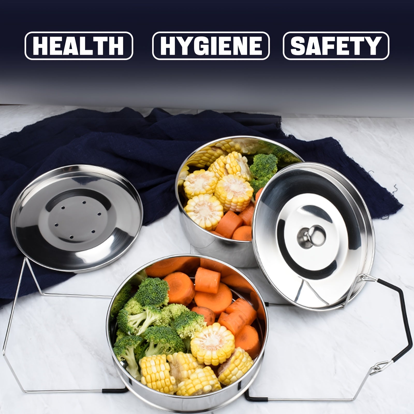 Suv o'tkazmaydigan po'latdan yasalgan bug'larni yopadigan qopqog'li bug'li idish, sabzavotlar va oziq-ovqatlarni sog'lom pishirish uchun