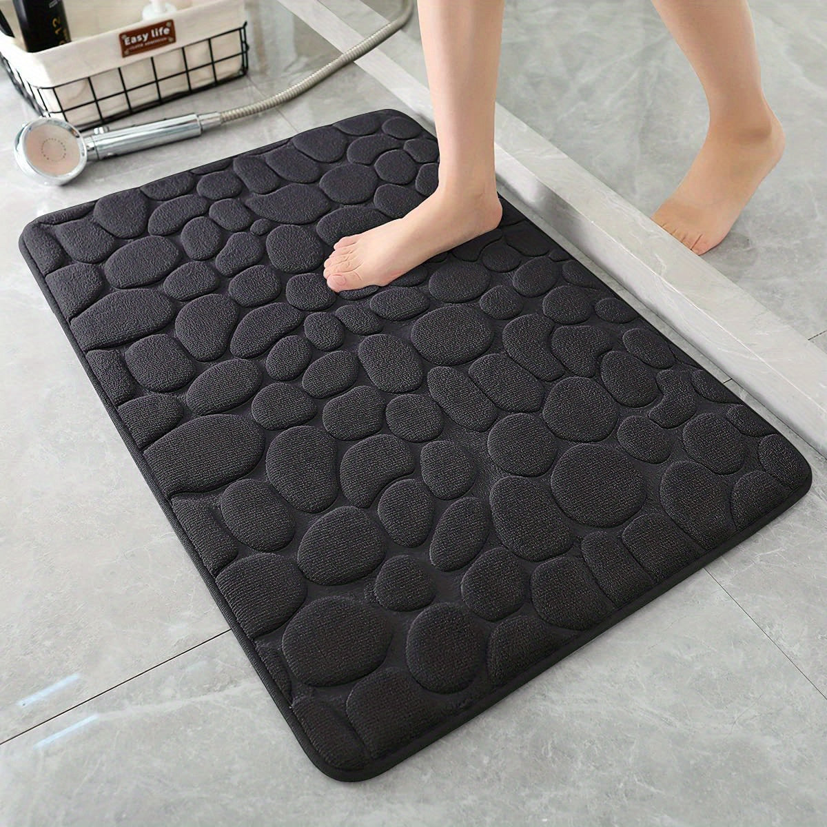Alfombra de baño de espuma viscoelástica antideslizante, absorbente de agua, con relieve de piedra de río para baño, cocina y dormitorio