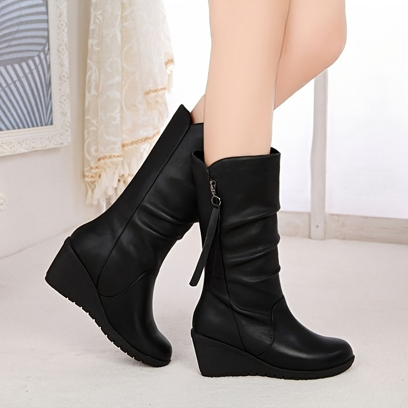 Women's Faux Leather Slip-On Chunky Ankle Boots with Mid-Heel, Round Toe