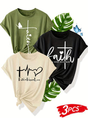 Pack de 3 camisetas gráficas de fe para mujer de manga corta con cruz y corazón para verano casual