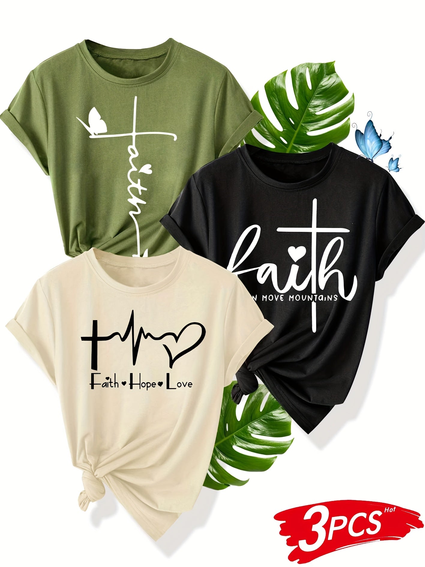 Pack de 3 camisetas gráficas de fe para mujer de manga corta con cruz y corazón para verano casual