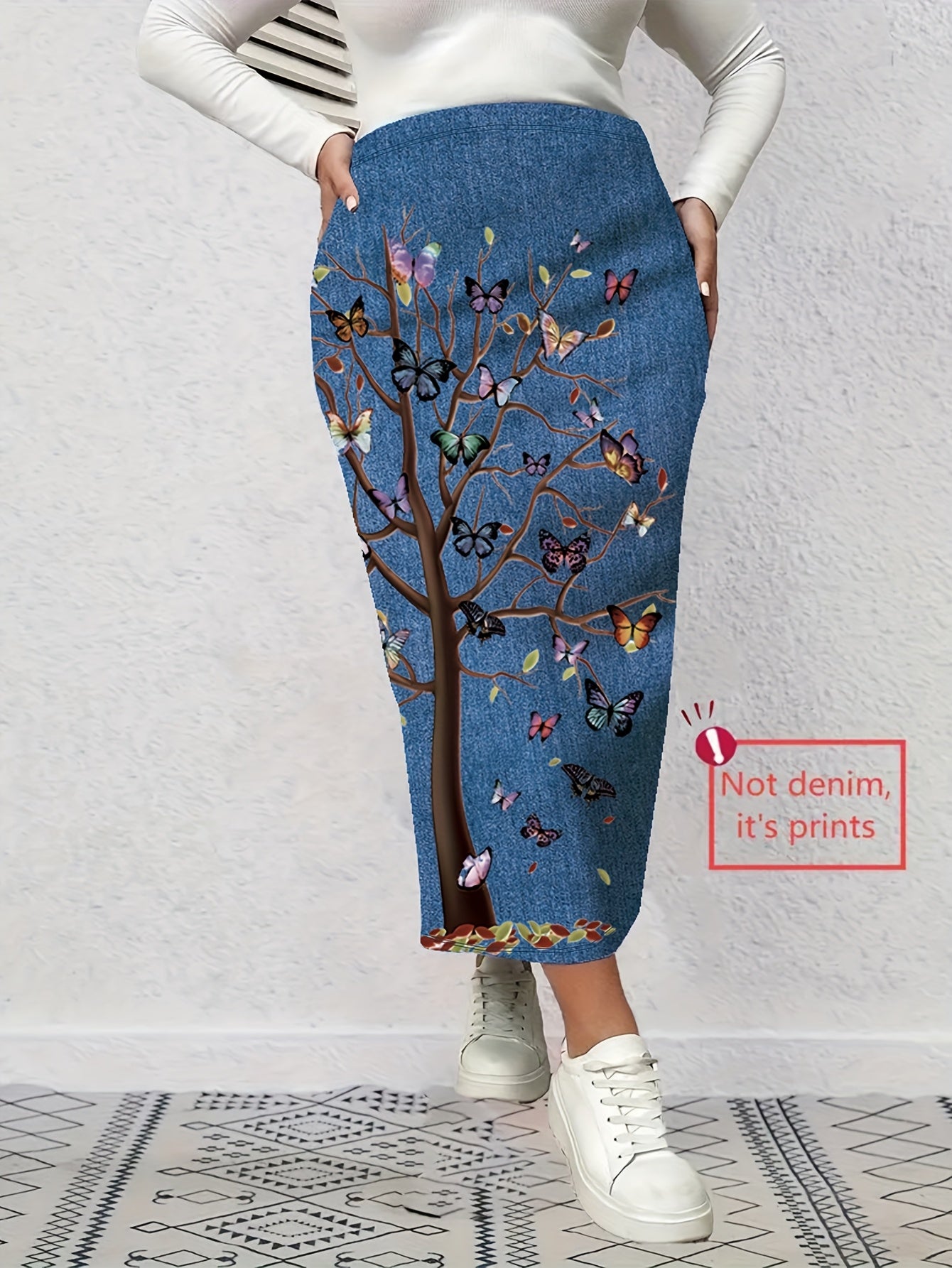 Women's Plus Size Denim Print Butterfly Tree Half Skirt
