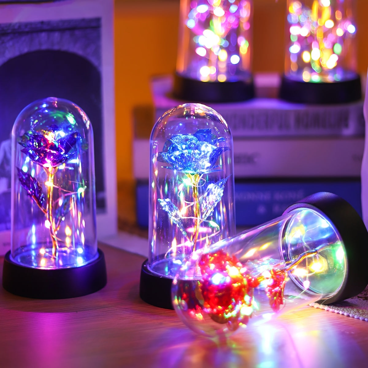 LED Night Light Rose in Glass Dome Pink or Yellow Flowers Battery Powered Gift for Valentine's Day Mother's Day Weddings