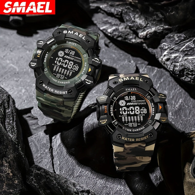 SMAEL Sports tomonidan tashqi tog‘larda yurish uchun ko‘p funksiyali LED tun chirog‘i qo‘l soati, katta dial, signal, kalendar va kamuflyaj tasmasi bilan.