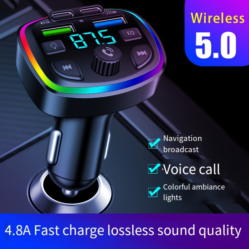 Wireless Car Stereo MP3 Player with EQ, Ambient Lights, Dual USB Fast Charging