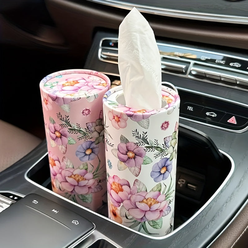 White Flower Car Tissues Box Holder Travel Tissue Cylinder