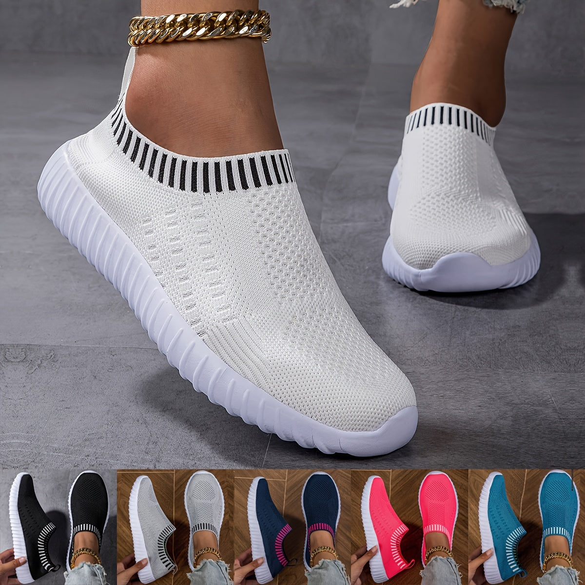 Women's Breathable Slip-On Knitted Sneakers, Casual Plus Size Walking Shoes