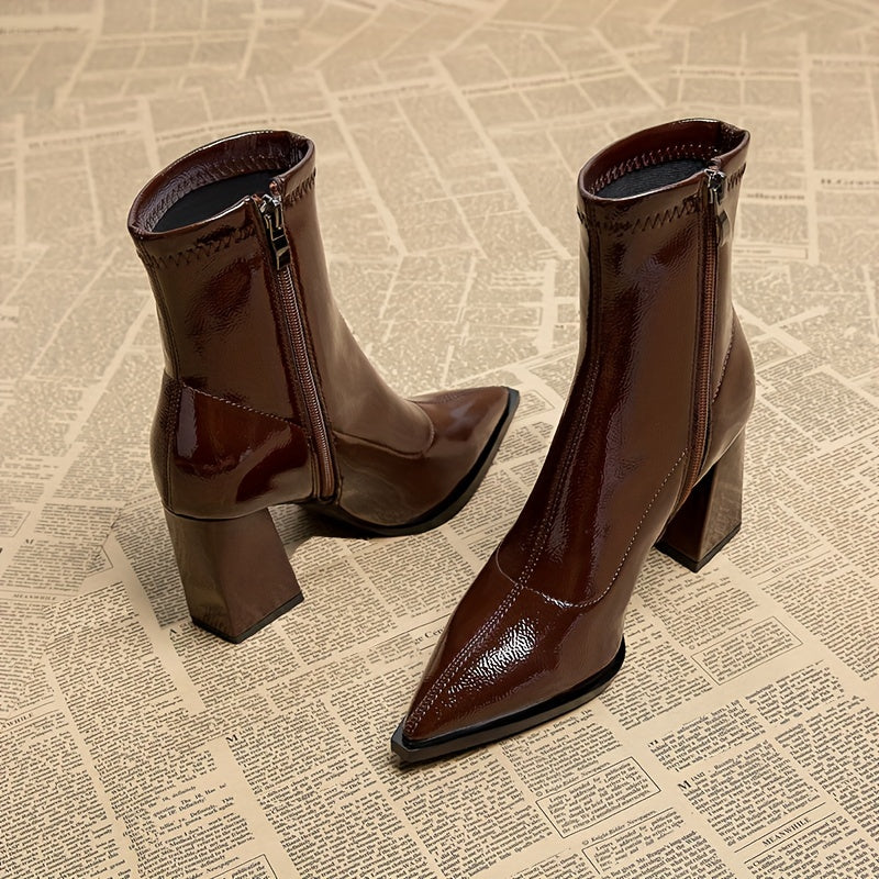 Women's Solid Color Block Heeled Ankle Boots With Side Zipper