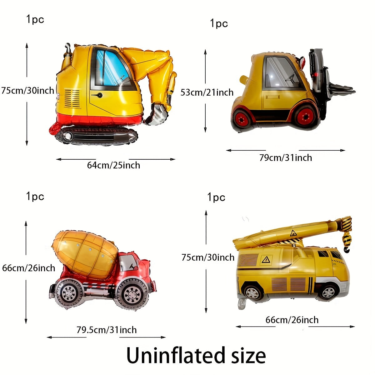 Set of 4 Construction Vehicle Foil Balloons for Birthday Party Decorations