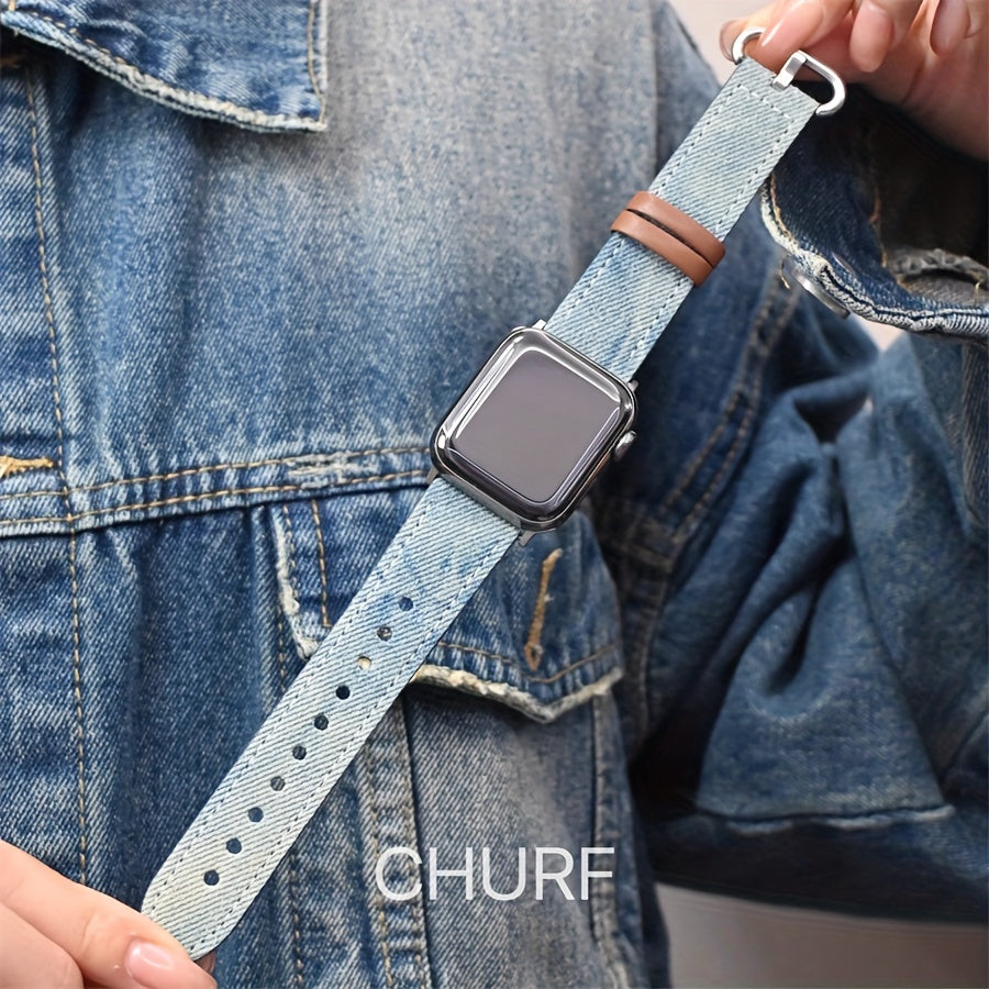 Denim va metalldan tayyorlangan Apple Watch tasmasi, kumush rangli qopqoq bilan, turli xil Apple Watch o'lchamlari va seriyalariga mos keladi, mustahkam va zamonaviy dizayn.