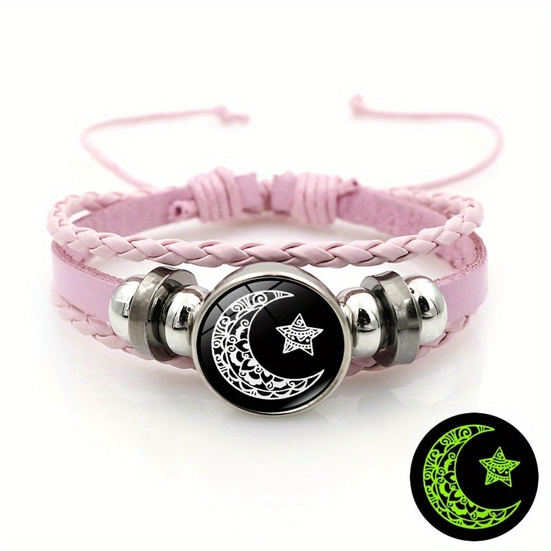 Set of 2 Luminous Sun Moon Lover Gemstone Bracelets for Women Men Beaded Leather