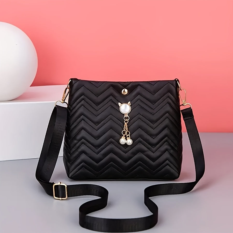 Women's Quilted Crossbody Bag with Chevron Pattern Pearl Pendant and Gold Accents in Multiple Colors