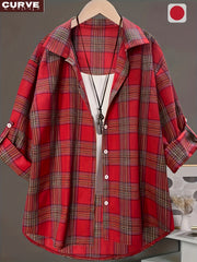 Women's Plus Size Plaid Long Sleeve Crew Neck Pullover Shirt Polyester Regular Fit with Button Details