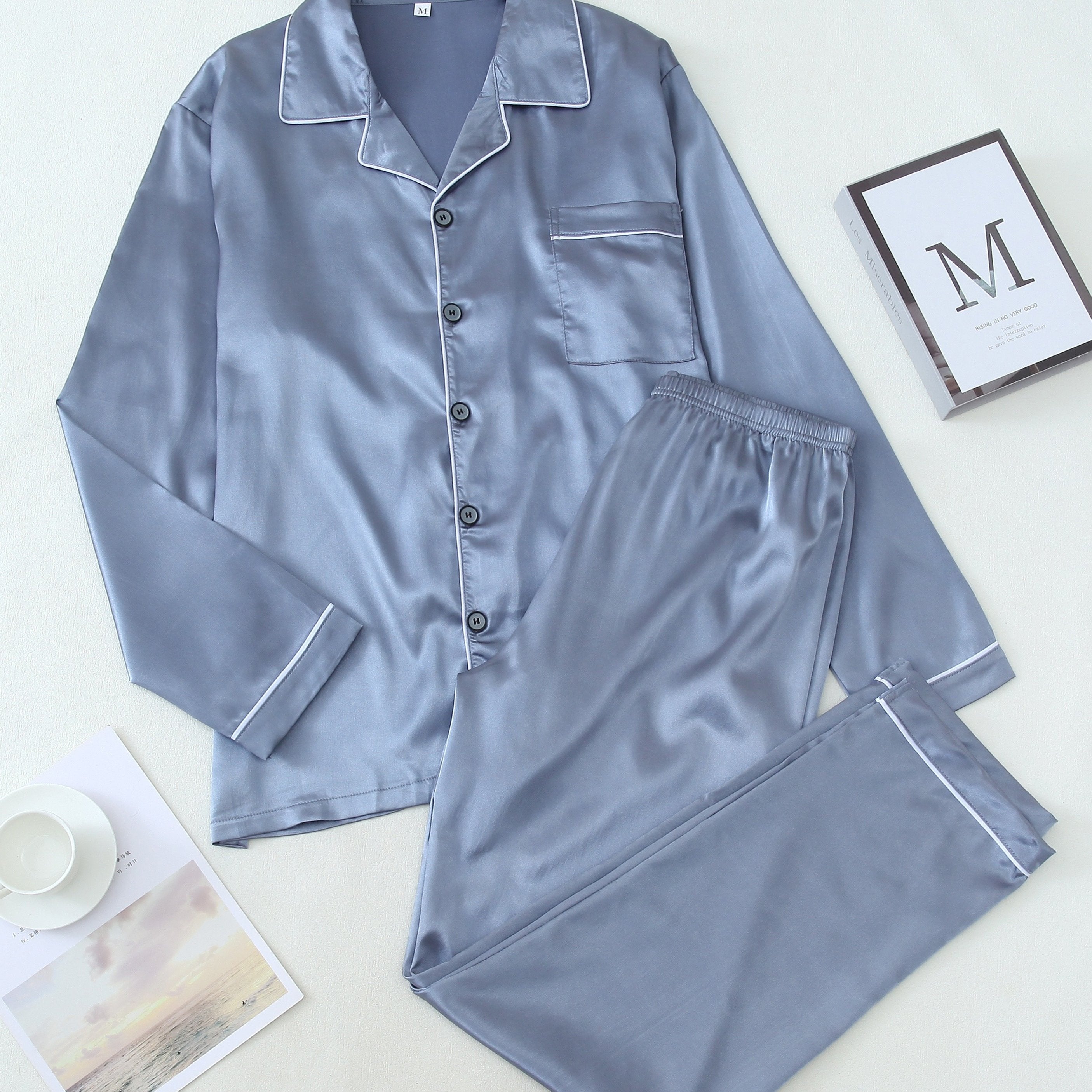 Conjunto de pijama de satén para hombre, manga larga, de color sólido, casual, con botones, para otoño e invierno