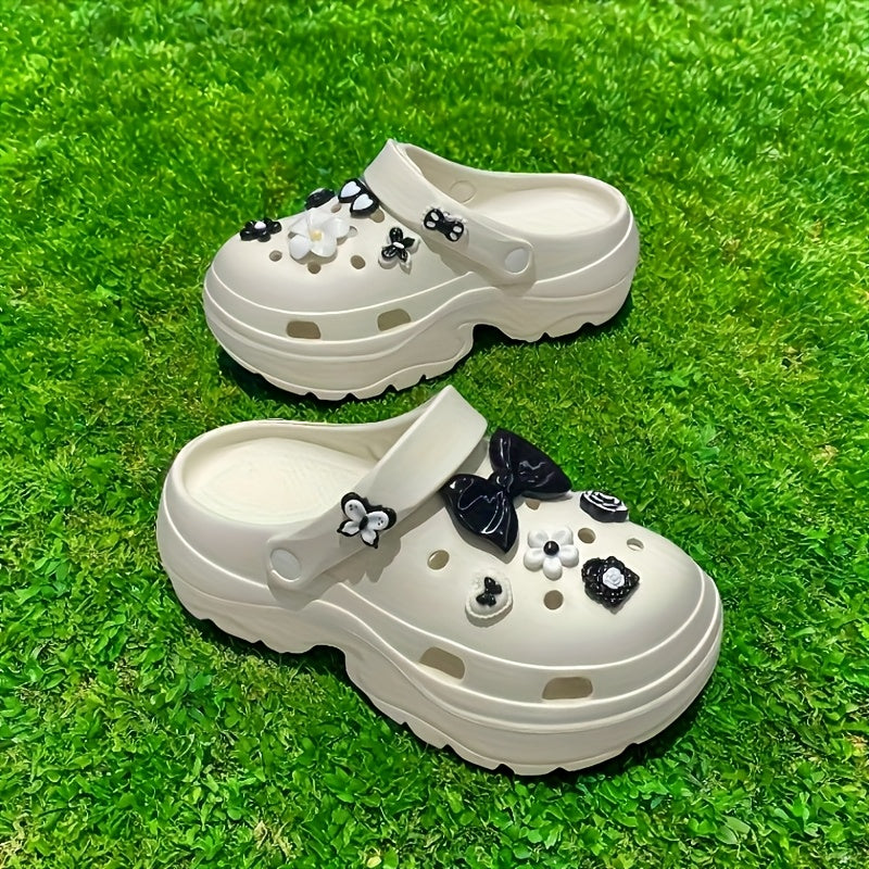 Женские пляжные туфли EVA с толстой подошвой, цветочные, черные и белые, комфортные для лета